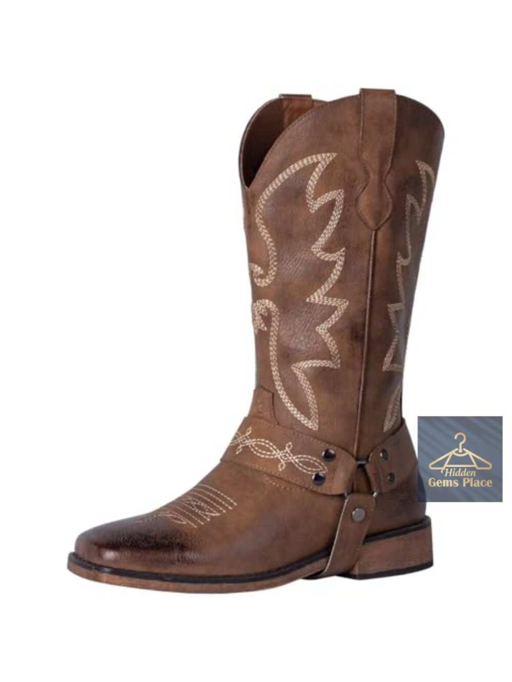 Wide Calf Square Toe Cowgirl Boots with Detachable Strap Faux Leather